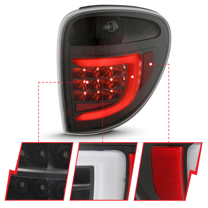 Feux arrière à LED ANZO 2004-2007 Dodge Grand Caravan avec barre lumineuse, boîtier noir, lentille transparente