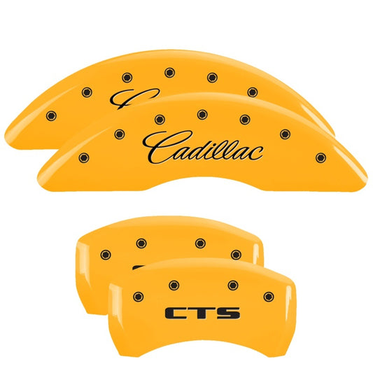 MGP 4 Caliper Covers Engraved Front Cursive/Cadillac Engraved Rear CTS Yellow finish black ch