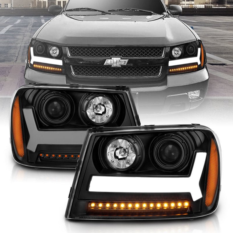 Phares de projecteur ANZO 2006-2009 Chevrolet Trailblazer avec design de style planche noir avec ambre
