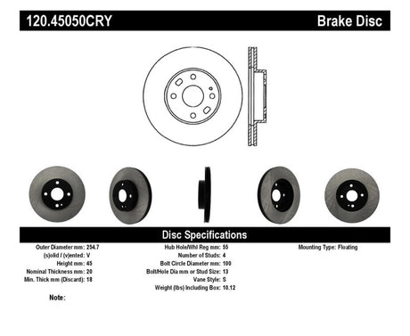 Rotor CryoStop avant Centric 94-05 Mazda Miata MX-5 (suspension normale)