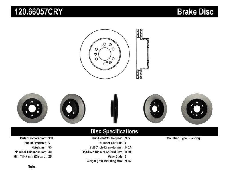 Rotor CRYO-STOP avant StopTech pour GMC Sierra 1500 05-10 (avec tambour arrière) / GMC Yukon 07-09