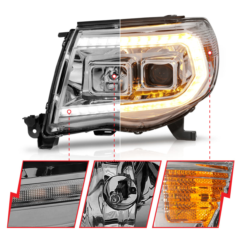 Phares de projecteur ANZO 05-11 Toyota Tacoma avec boîtier chromé à interrupteur de barre lumineuse