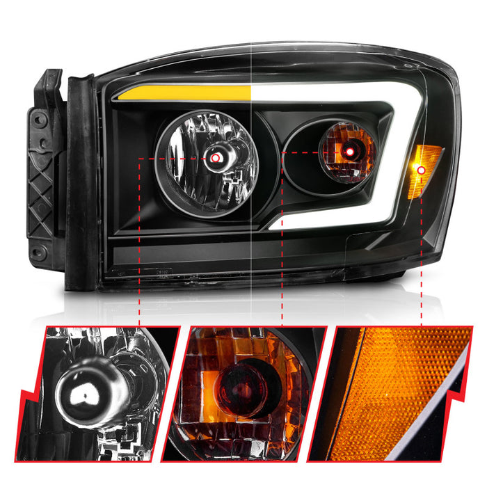 Phares Anzo 06-09 Dodge RAM 1500/2500/3500 Boîtier noir/lentille transparente (avec barres lumineuses Switchback)