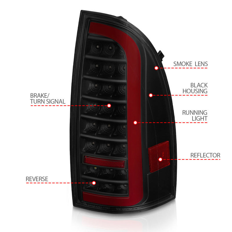 Feux arrière à LED ANZO 05-15 Toyota Tacoma avec barre lumineuse séquentielle, boîtier noir, lentille fumée