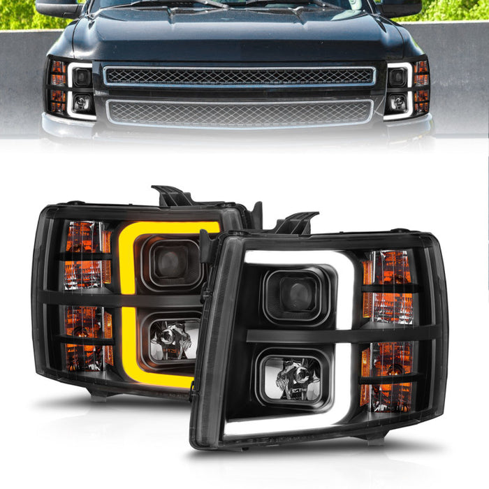 Projecteur ANZO 2007-2013 Chevrolet Silverado 1500 avec barre lumineuse Boîtier noir avec séquentiel