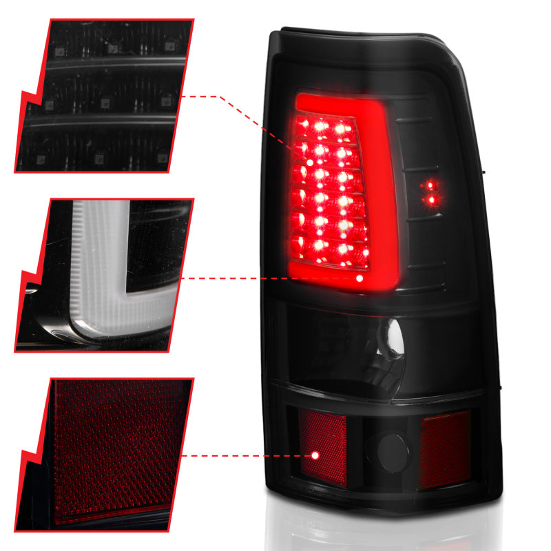 Feux arrière à LED ANZO 1999-2002 Chevy Silverado 1500 style planche noir avec lentille fumée