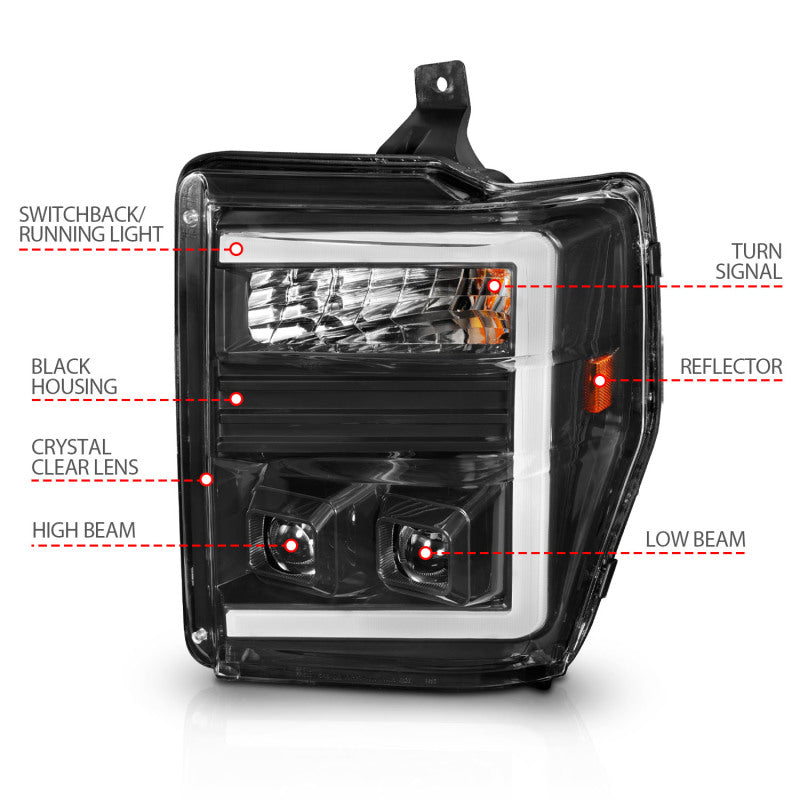 ANZO 08-10 Ford F-250 - F-550 Super Duty Phares de projecteur avec barre lumineuse Switchback Boîtier noir