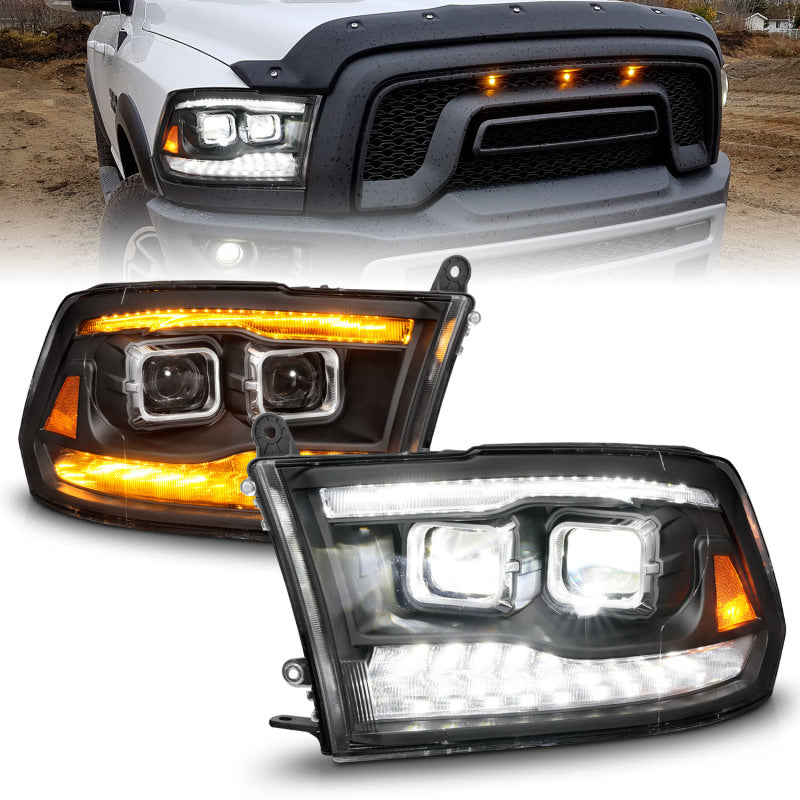 ANZO 09-18 Dodge Ram 1500/2500/3500 Phares de projet entièrement à LED avec barre lumineuse Switchback - Noir