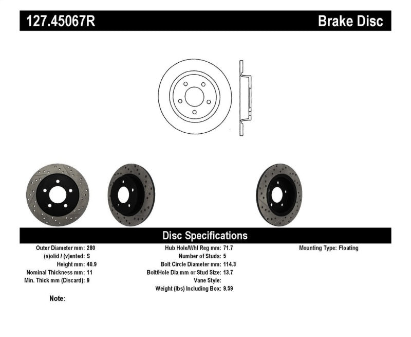 Rotor arrière droit fendu et percé StopTech pour Mazda3 04-10