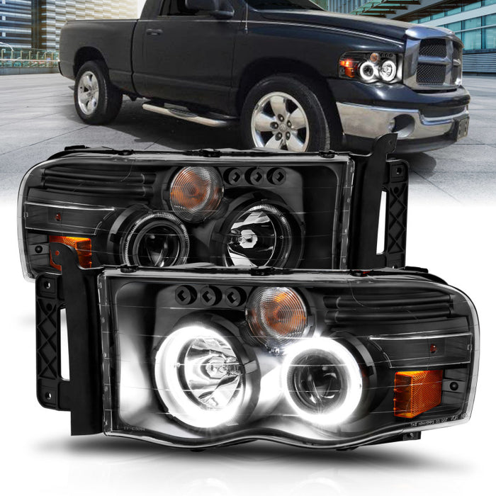 ANZO 2002-2005 Dodge Ram 1500 Phares de projecteur avec halo noir clair ambre