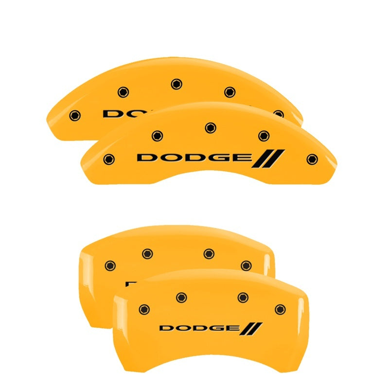 MGP 4 Caliper Covers Engraved Front & Rear With stripes/Dodge Yellow finish black ch