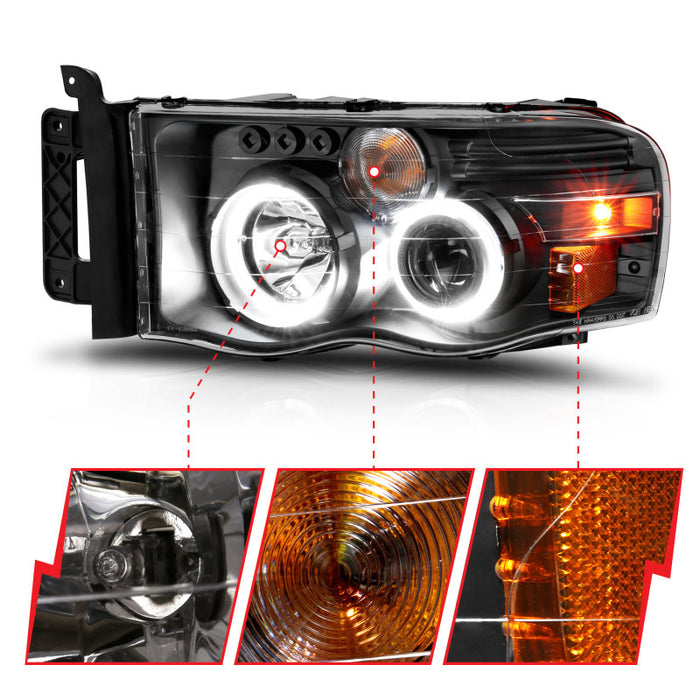 ANZO 2002-2005 Dodge Ram 1500 Phares de projecteur avec halo noir clair ambre