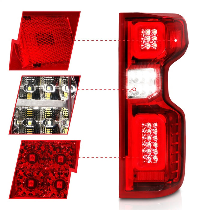 Feux arrière à LED complets pour camion de travail Chevy Silverado 19-21 Anzo, boîtier chromé, lentille rouge G2 (avec barres lumineuses C)