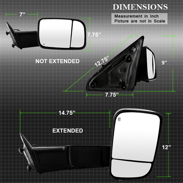 Rétroviseur chauffant électrique réglable Xtune Dodge Ram 1500 09-12 avec boîtier noir droit MIR-DRAM09S-PWH-R