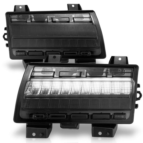 Marqueurs latéraux à LED ANZO 2018-2021 Jeep Wrangler, boîtier chromé, lentille fumée avec configuration Seq. Signal Low