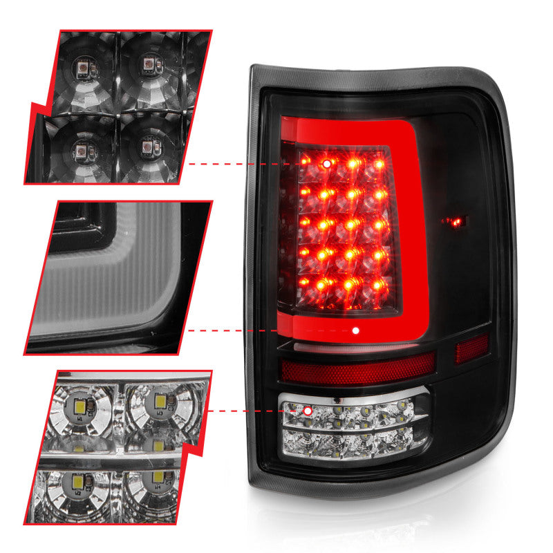 Feux arrière à LED ANZO 2004-2006 Ford F-150 avec barre lumineuse, boîtier noir, lentille transparente