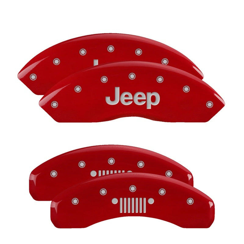 Couvre-étriers MGP 4 avec logo gravé sur la calandre avant et arrière Jeep, finition rouge, argent anthracite, Jeep Wrangler 2018