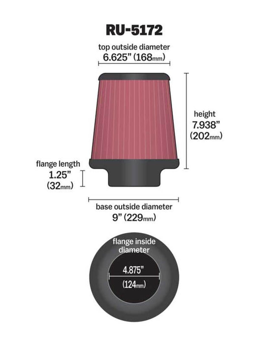 Filtre en caoutchouc universel K&amp;N - Rond Tprd 4,875 po ID de bride x 9 po OD de base x 6,625 po OD supérieur x 7,938 po H