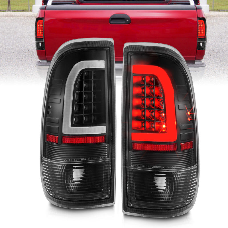 Feux arrière à LED ANZO 1997-2003 Ford F-150 avec barre lumineuse, boîtier noir, lentille transparente