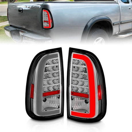 Feux arrière à LED ANZO 00-06 Toyota Tundra avec barre lumineuse, boîtier chromé, lentille transparente