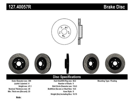 Rotor avant droit rainuré et percé StopTech 02-06 Acura RSX Type S / 06-09 Honda Civic Si