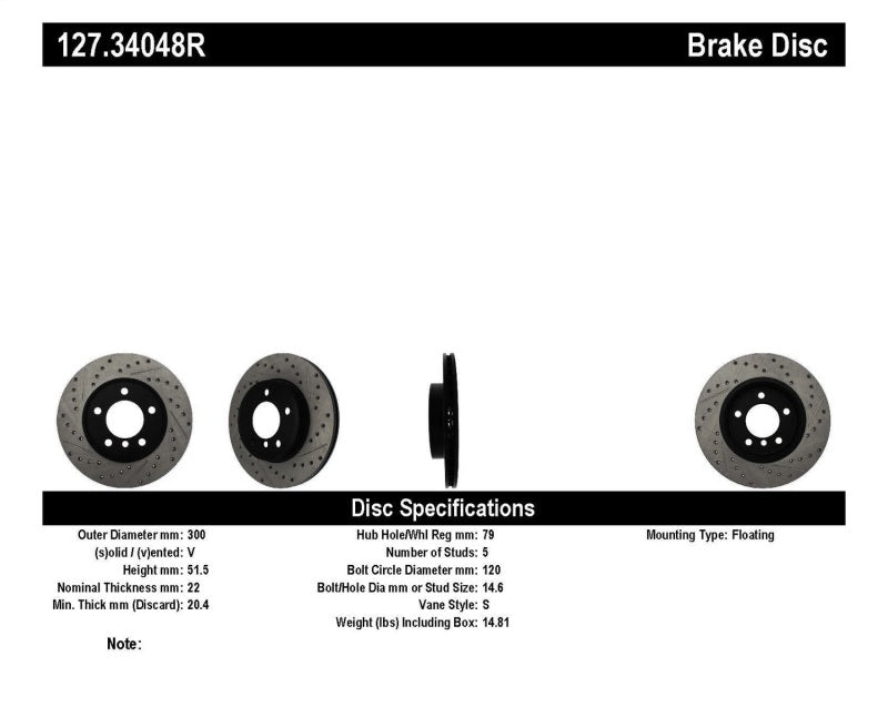 Rotor avant droit percé et fendu StopTech Power Slot 01-02 BMW Z3 / 03-09 Z4 / Série 3