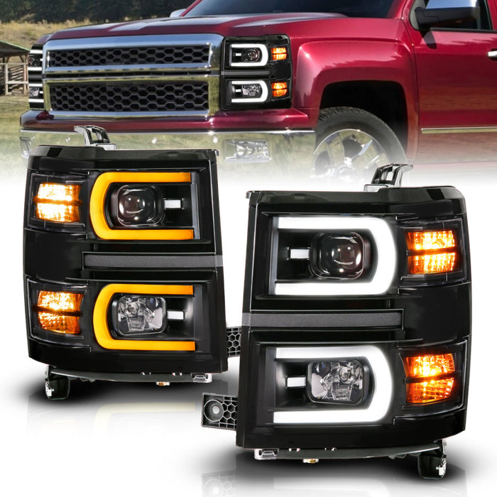 Phares à tube LED carré à double commutation et séquentiel Anzo 14-15 Chevy Silverado 1500 noirs