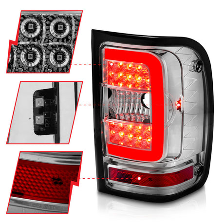 Feux arrière à LED ANZO 2001-2011 Ford Ranger avec barre lumineuse, boîtier chromé, lentille transparente
