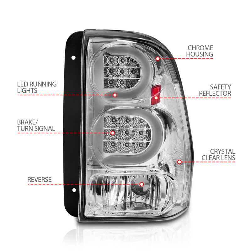 Feux arrière à LED ANZO 2002-2009 Chevrolet Trailblazer avec barre lumineuse, boîtier chromé, lentille transparente