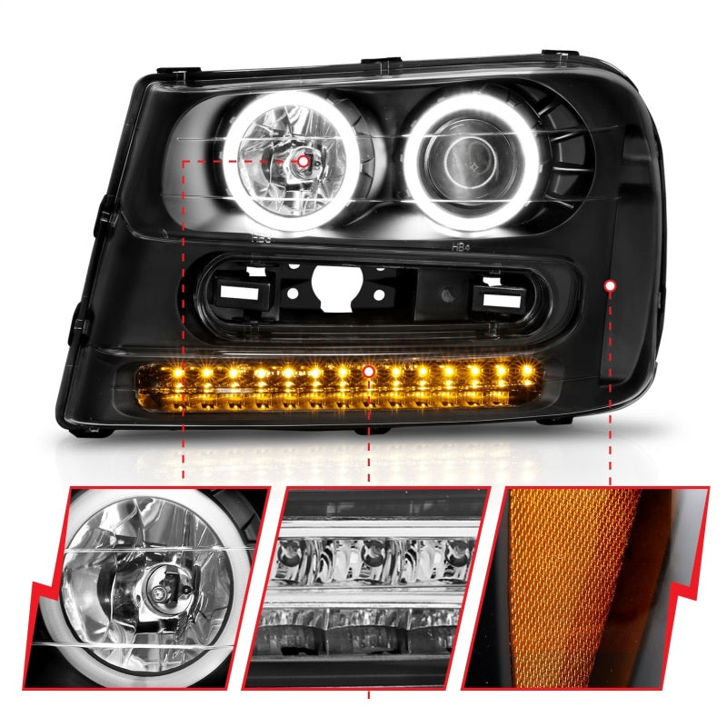 Phares de projecteur ANZO 2002-2009 Chevrolet Trailblazer avec halo noir