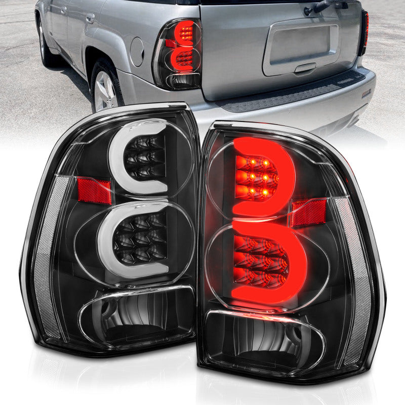 Feux arrière à LED ANZO 2002-2009 Chevrolet Trailblazer avec barre lumineuse, boîtier noir, lentille transparente
