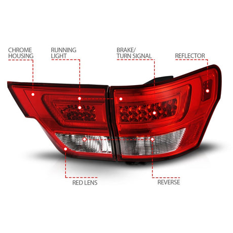 Feux arrière à LED ANZO 11-13 Jeep Grand Cherokee avec barre lumineuse Boîtier chromé Lentille rouge/transparente 4 pièces