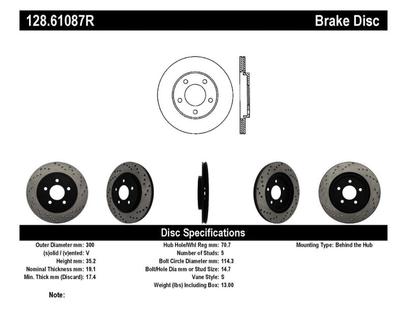 Disque de frein arrière droit percé transversalement StopTech 05-10 Ford Mustang V6/4.0L / GT V8/4.6L