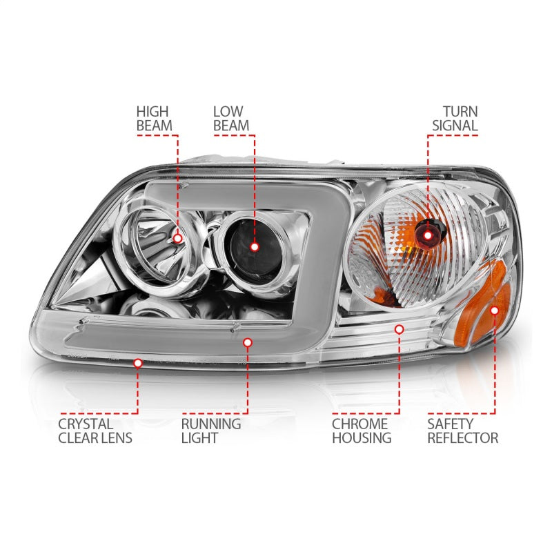 Phares de projecteur ANZO 1997-2003 Ford F-150 avec barre lumineuse et boîtier chromé
