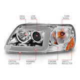 Phares de projecteur ANZO 1997-2003 Ford F-150 avec barre lumineuse et boîtier chromé