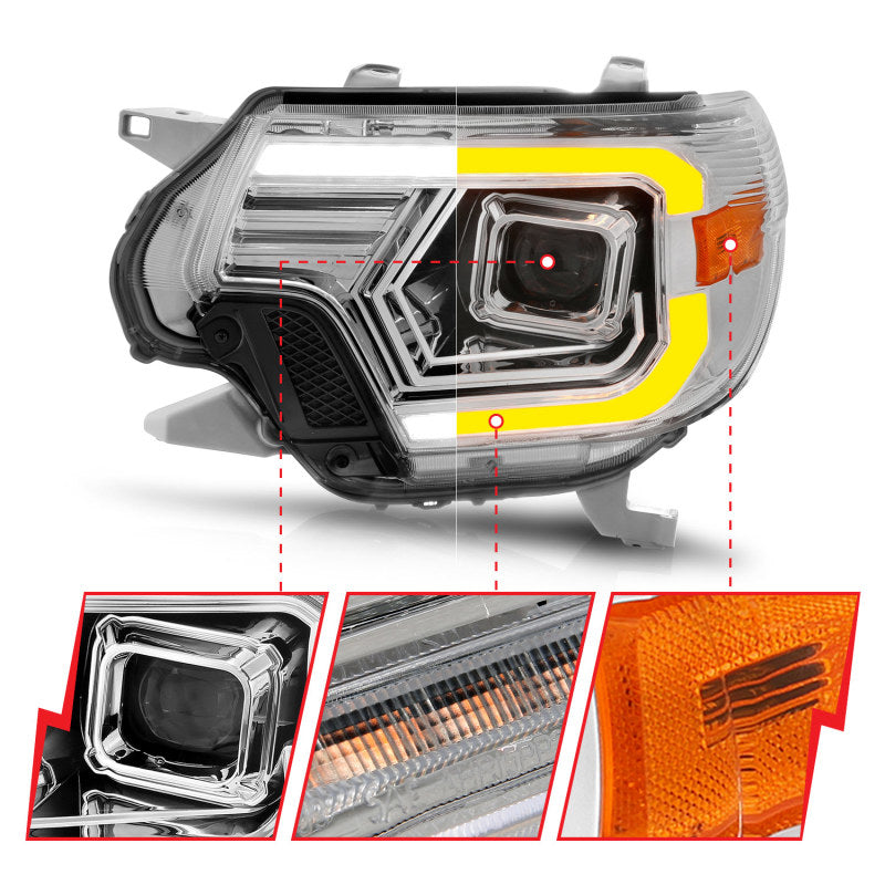 Phares de projecteur ANZO 12-15 Toyota Tacoma - avec boîtier chromé à interrupteur de barre lumineuse
