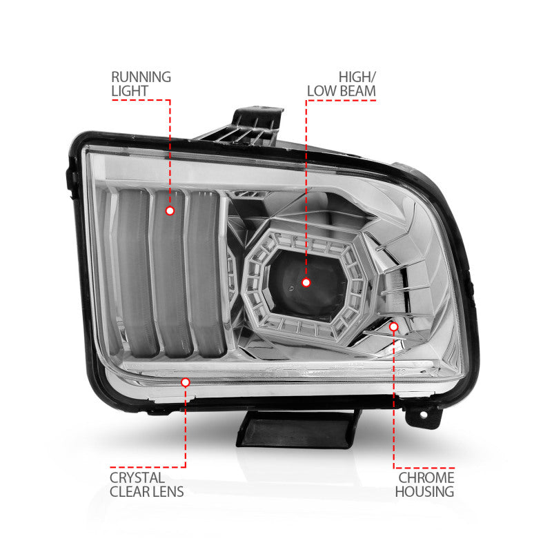 Phares de projecteur ANZO 05-09 Ford Mustang (avec halogène d'usine HL uniquement) avec boîtier chromé pour barre lumineuse