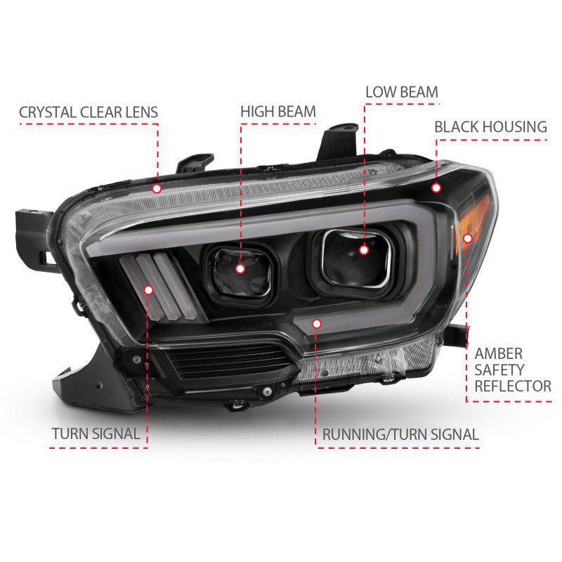 Phares de projecteur ANZO 2016-2017 Toyota Tacoma avec interrupteur de style planche noir avec ambre avec DRL