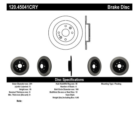 Rotor de frein cryogénique arrière de qualité supérieure Centric 94-05 Mazda Miata MX-5/92-95 MX-3 (suspension normale)