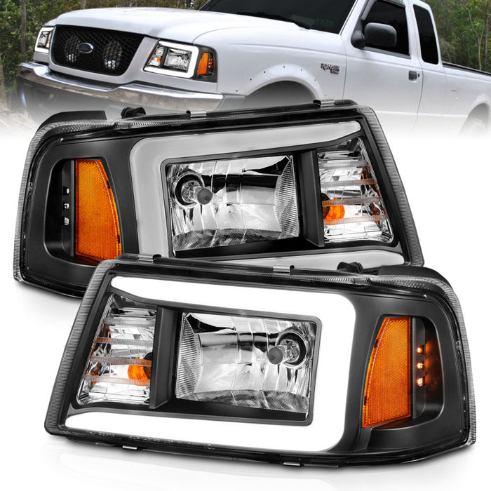 Phares en cristal ANZO 2001-2011 Ford Ranger avec barre lumineuse et boîtier noir