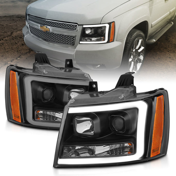 Phares de projecteur ANZO 07-14 Chevy Tahoe avec design de style planche noir avec ambre