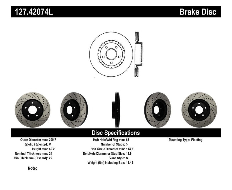 Disque de frein avant gauche rainuré et percé StopTech 1/02-05 Infiniti G35 (disque en alliage) / 6/02-05 Nissan 350Z
