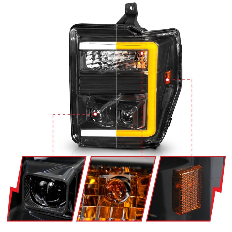 ANZO 08-10 Ford F-250 - F-550 Super Duty Phares de projecteur avec barre lumineuse Switchback Boîtier noir