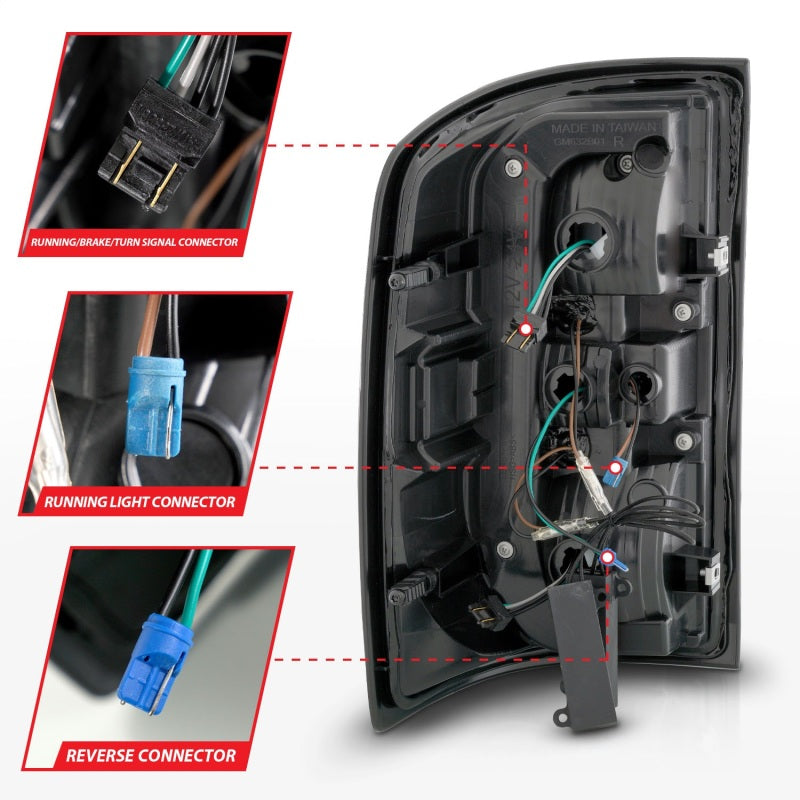 Feux arrière à LED ANZO 14-18 GMC Sierra 1500 avec boîtier noir et lentille fumée (avec barres lumineuses C)