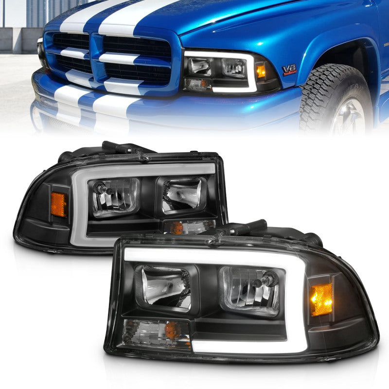 Ensemble de phares ANZO 97-04 Dodge Dakota/Durango Crystal avec barre lumineuse et boîtier noir