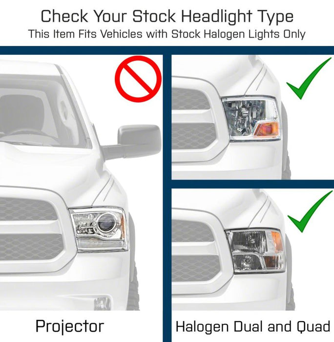 Phares OEM Raxiom 09-18 Dodge RAM 1500 Axial avec ampoule simple - Boîtier chromé (lentille transparente)