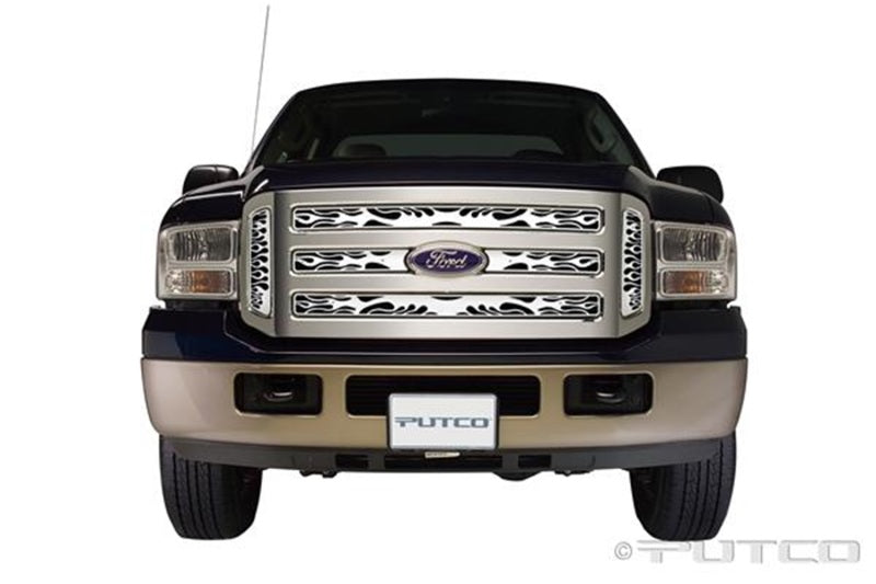 Putco 05-07 Ford SuperDuty - Grille d'aération latérale en acier inoxydable Flaming Inferno incluse