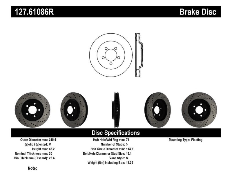 Rotor avant droit rainuré et percé StopTech 05-10 Ford Mustang GT