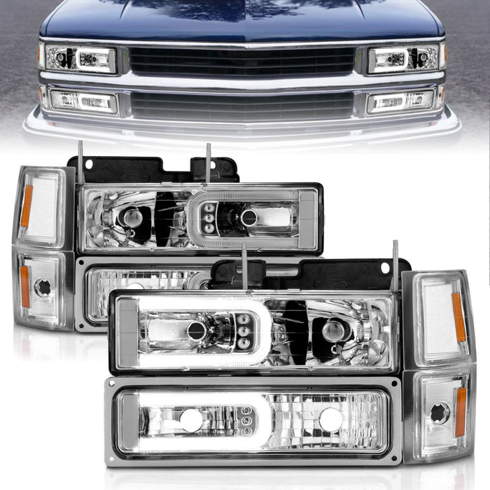 Phares en cristal ANZO 88-98 Chevrolet C1500 avec barre lumineuse, boîtier chromé avec marqueurs latéraux de signalisation, 8 pièces