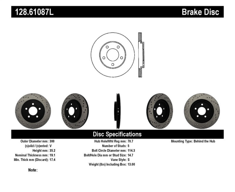 Disque de frein arrière gauche percé transversalement StopTech 05-10 Ford Mustang V6/4.0L / GT V8/4.6L